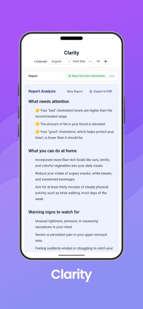 Clarity app showing report analysis with key findings, at-home actions, and warning signs